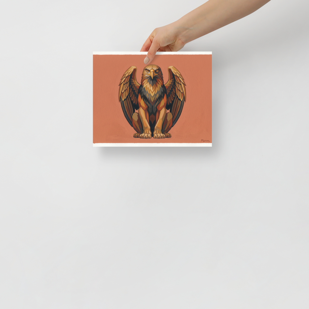 'The Golden Griffin' — a Art Deco print. A stylized, warm-toned illustration of a griffin sitting proudly against a terracotta background, ideal for an Office or Library.