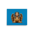 'The Golden Sphinx' — a Realism print. A detailed painting of a golden winged sphinx with a pharaoh's headdress set against a bright blue background, ideal for an Office.