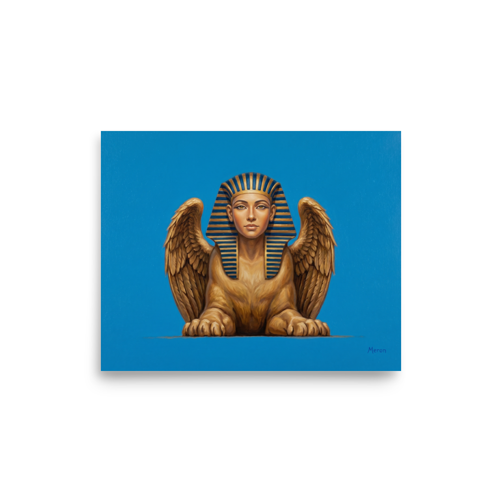 'The Golden Sphinx' — a Realism print. A detailed painting of a golden winged sphinx with a pharaoh's headdress set against a bright blue background, ideal for an Office.