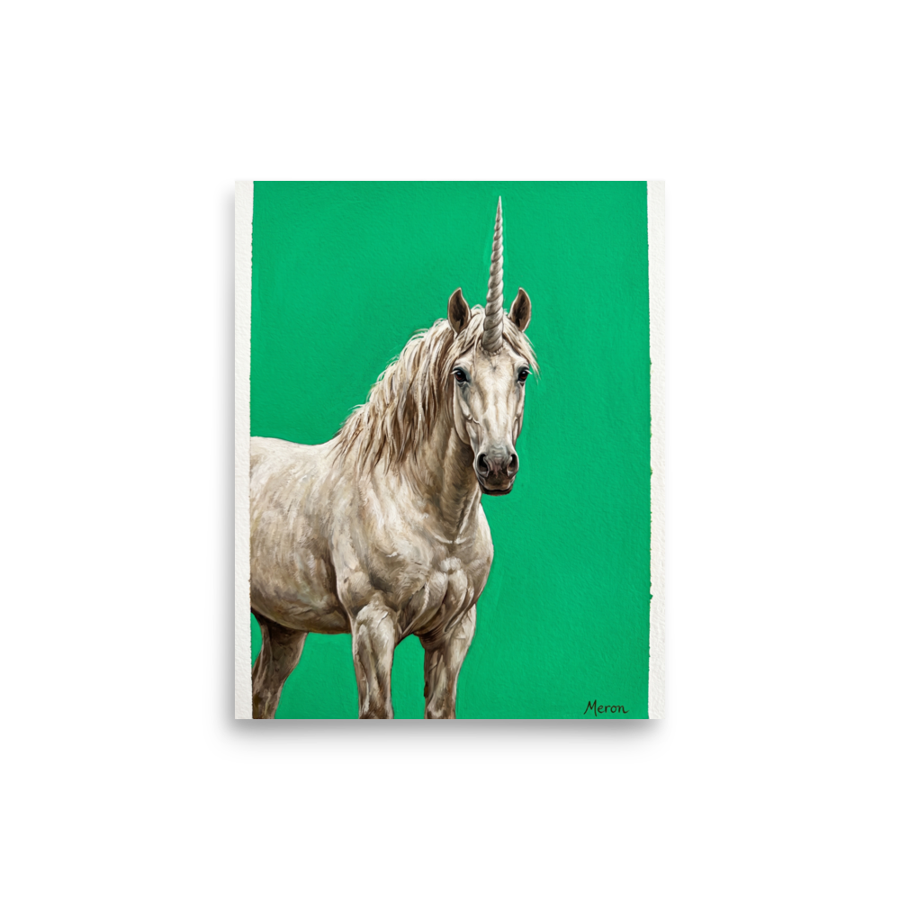 'The Emerald Unicorn' — a Realism print. A detailed painting of a white unicorn standing against a vibrant green background, perfect for a magical Nursery or Playroom.