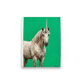 'The Emerald Unicorn' — a Realism print. A detailed painting of a white unicorn standing against a vibrant green background, perfect for a magical Nursery or Playroom.