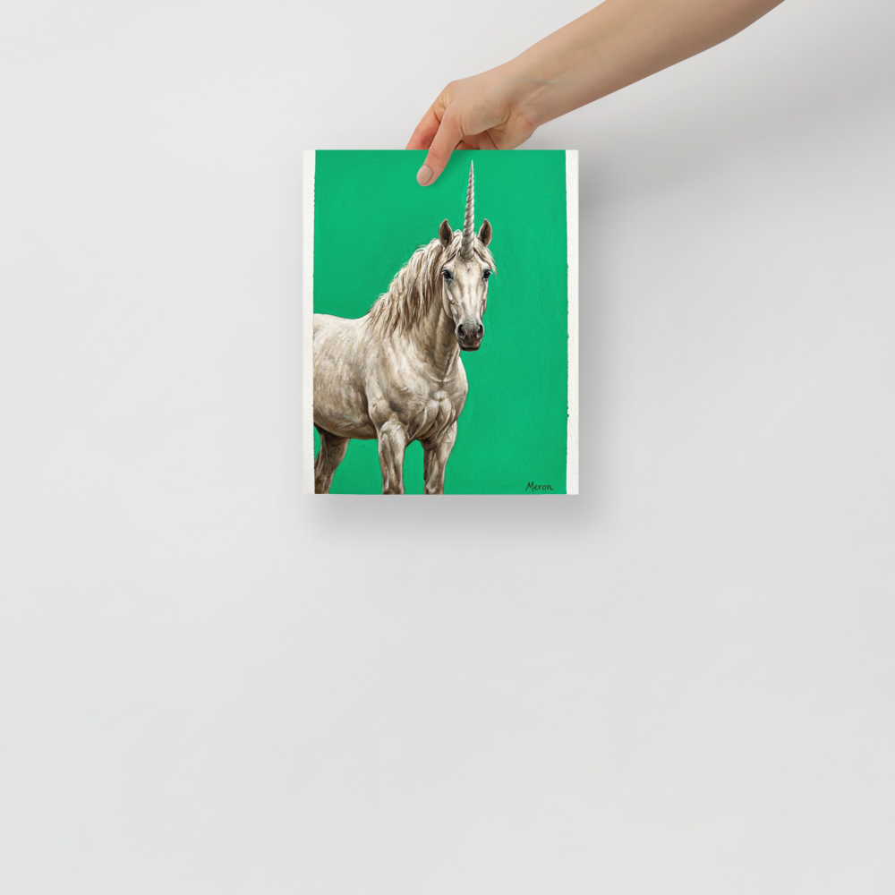 'The Emerald Unicorn' — a Realism print. A detailed painting of a white unicorn standing against a vibrant green background, perfect for a magical Nursery or Playroom.