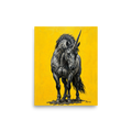 'The Iron Horn' — a Expressionism print. An expressive impasto painting of a dark grey unicorn against a bright yellow background, suitable for a striking Office.
