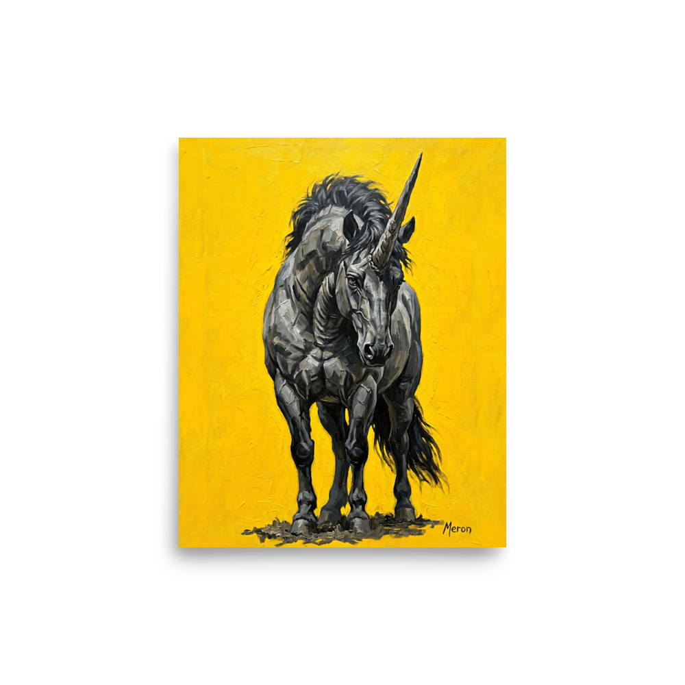 'The Iron Horn' — a Expressionism print. An expressive impasto painting of a dark grey unicorn against a bright yellow background, suitable for a striking Office.