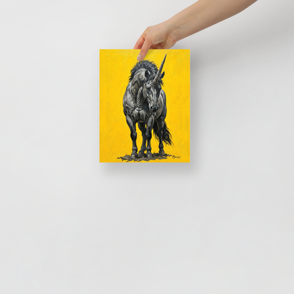 'The Iron Horn' — a Expressionism print. An expressive impasto painting of a dark grey unicorn against a bright yellow background, suitable for a striking Office.
