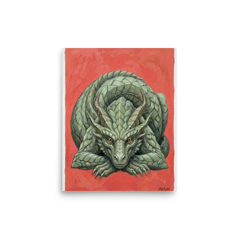 'Slumbering Drake' — a Fantastic realism print. A detailed painting of a green dragon sleeping against a warm red background, perfect for a cozy Library or Nursery.
