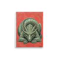 'Slumbering Drake' — a Fantastic realism print. A detailed painting of a green dragon sleeping against a warm red background, perfect for a cozy Library or Nursery.