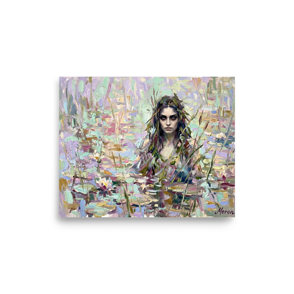 'The Lily Nymph' — a Impressionism print. A heavily textured impasto painting of a mystical woman in a lily pond with pastel colors, ideal for a relaxing Bathroom.