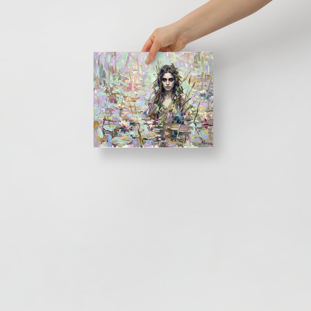 'The Lily Nymph' — a Impressionism print. A heavily textured impasto painting of a mystical woman in a lily pond with pastel colors, ideal for a relaxing Bathroom.