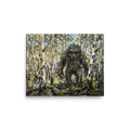 'Forest Watcher' — a Expressionism print. A thick oil painting of a mysterious sasquatch-like figure camouflaged within a dense birch forest, perfect for a cozy cabin or den.