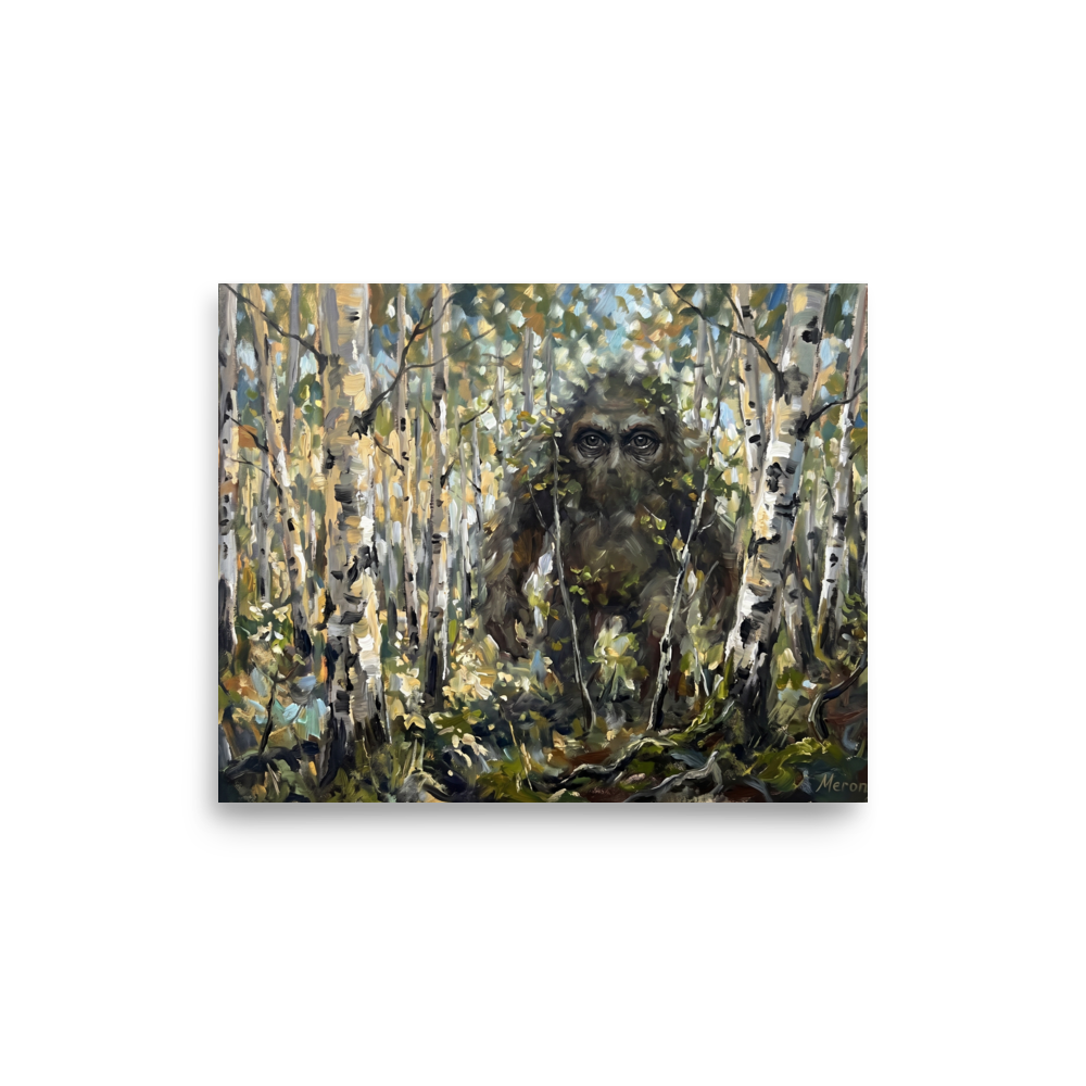 'Forest Watcher' — a Expressionism print. A thick oil painting of a mysterious sasquatch-like figure camouflaged within a dense birch forest, perfect for a cozy cabin or den.