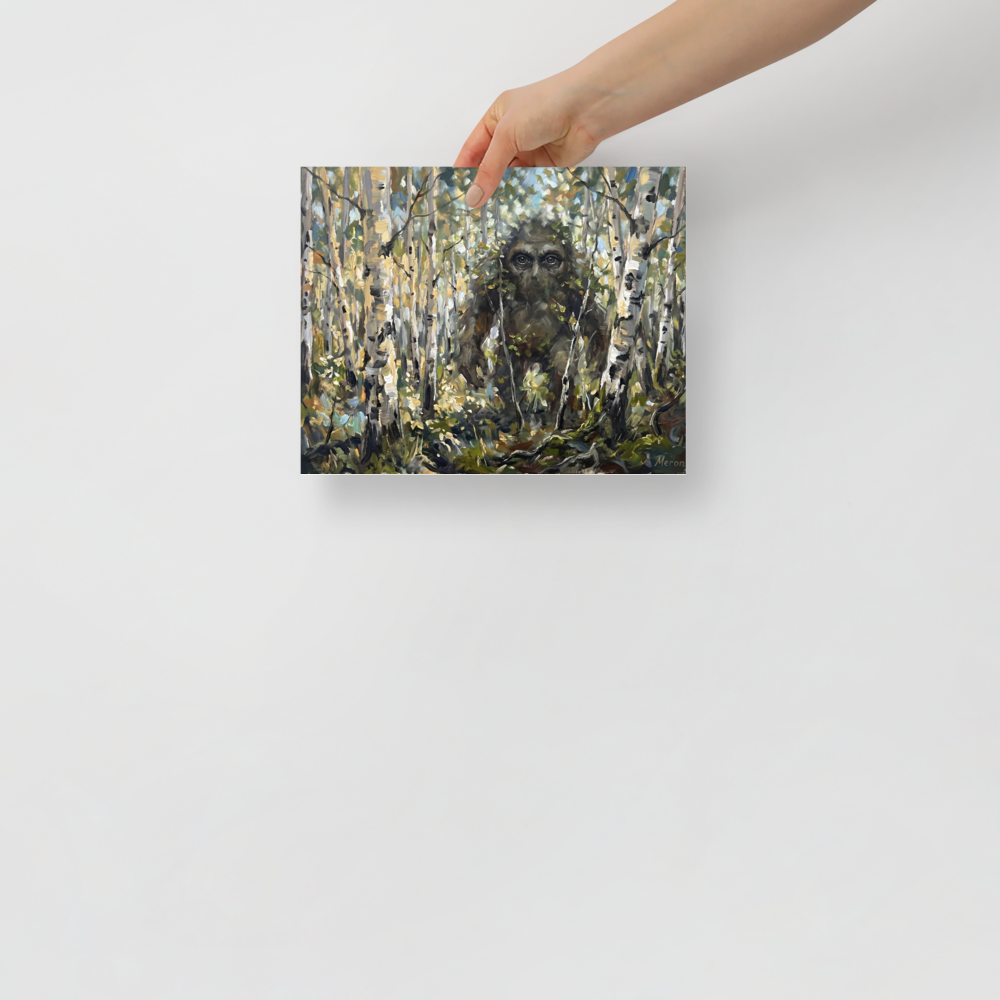 'Forest Watcher' — a Expressionism print. A thick oil painting of a mysterious sasquatch-like figure camouflaged within a dense birch forest, perfect for a cozy cabin or den.