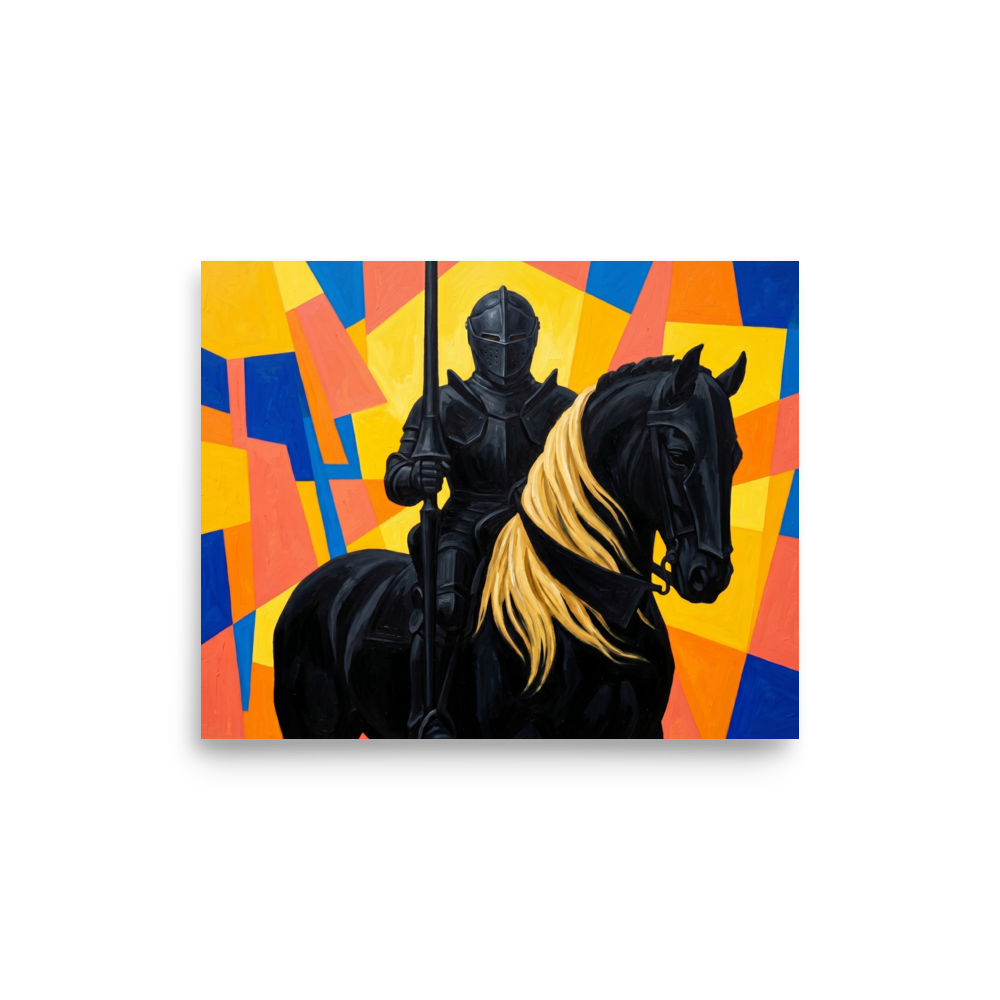 'The Abstract Knight' — a Cubism,Figurative art print. A bold painting of a dark knight on a black horse with a blonde mane, set against a bright, abstract geometric background in yellow, blue, and orange.
