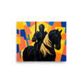 'The Abstract Knight' — a Cubism,Figurative art print. A bold painting of a dark knight on a black horse with a blonde mane, set against a bright, abstract geometric background in yellow, blue, and orange.