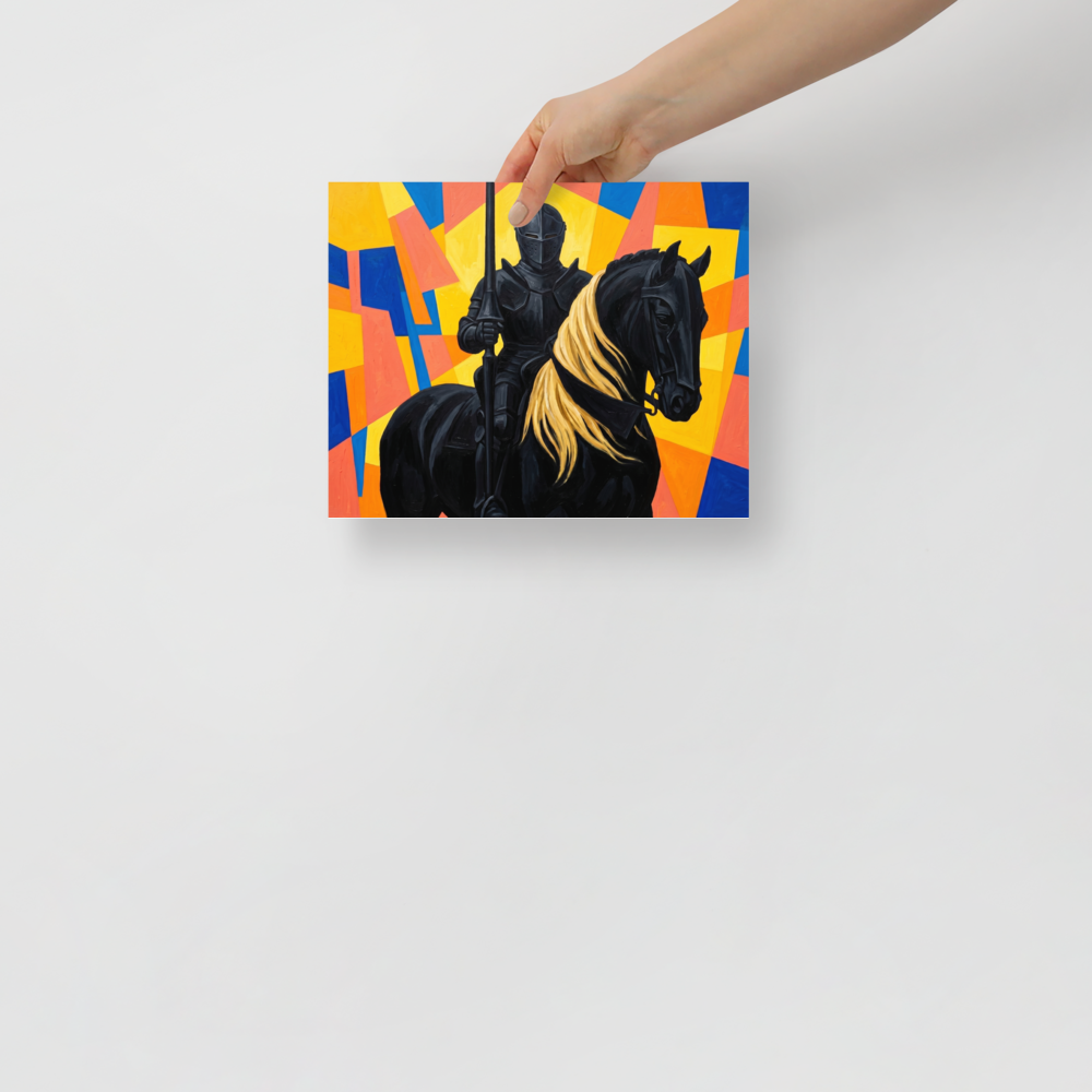 'The Abstract Knight' — a Cubism,Figurative art print. A bold painting of a dark knight on a black horse with a blonde mane, set against a bright, abstract geometric background in yellow, blue, and orange.