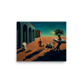 'The Silent Observer's Horizon' — a Metaphysical painting print. A metaphysical oil painting featuring a wooden mannequin sitting in a chair facing a lone tree in a desolate plaza, perfect for an Office or Living Room.