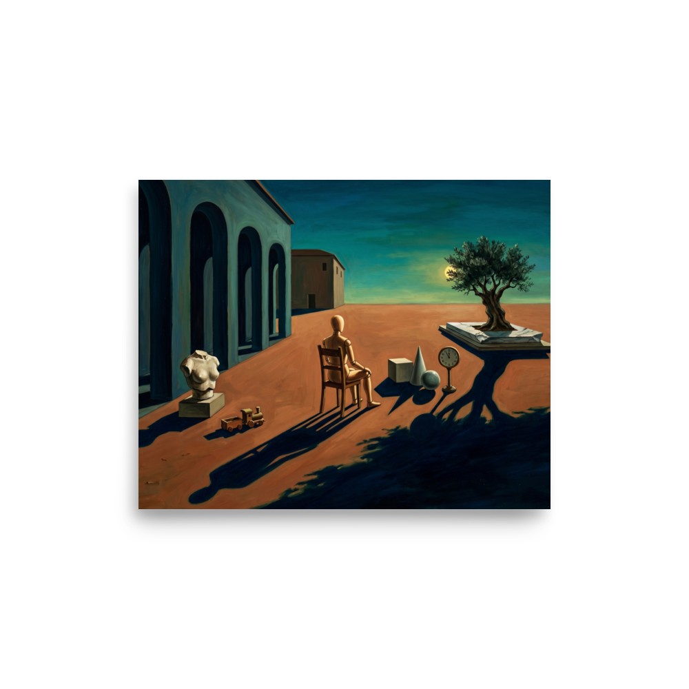 'The Silent Observer's Horizon' — a Metaphysical painting print. A metaphysical oil painting featuring a wooden mannequin sitting in a chair facing a lone tree in a desolate plaza, perfect for an Office or Living Room.