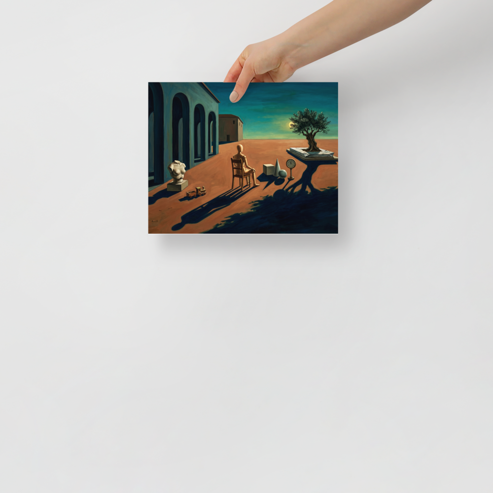 'The Silent Observer's Horizon' — a Metaphysical painting print. A metaphysical oil painting featuring a wooden mannequin sitting in a chair facing a lone tree in a desolate plaza, perfect for an Office or Living Room.
