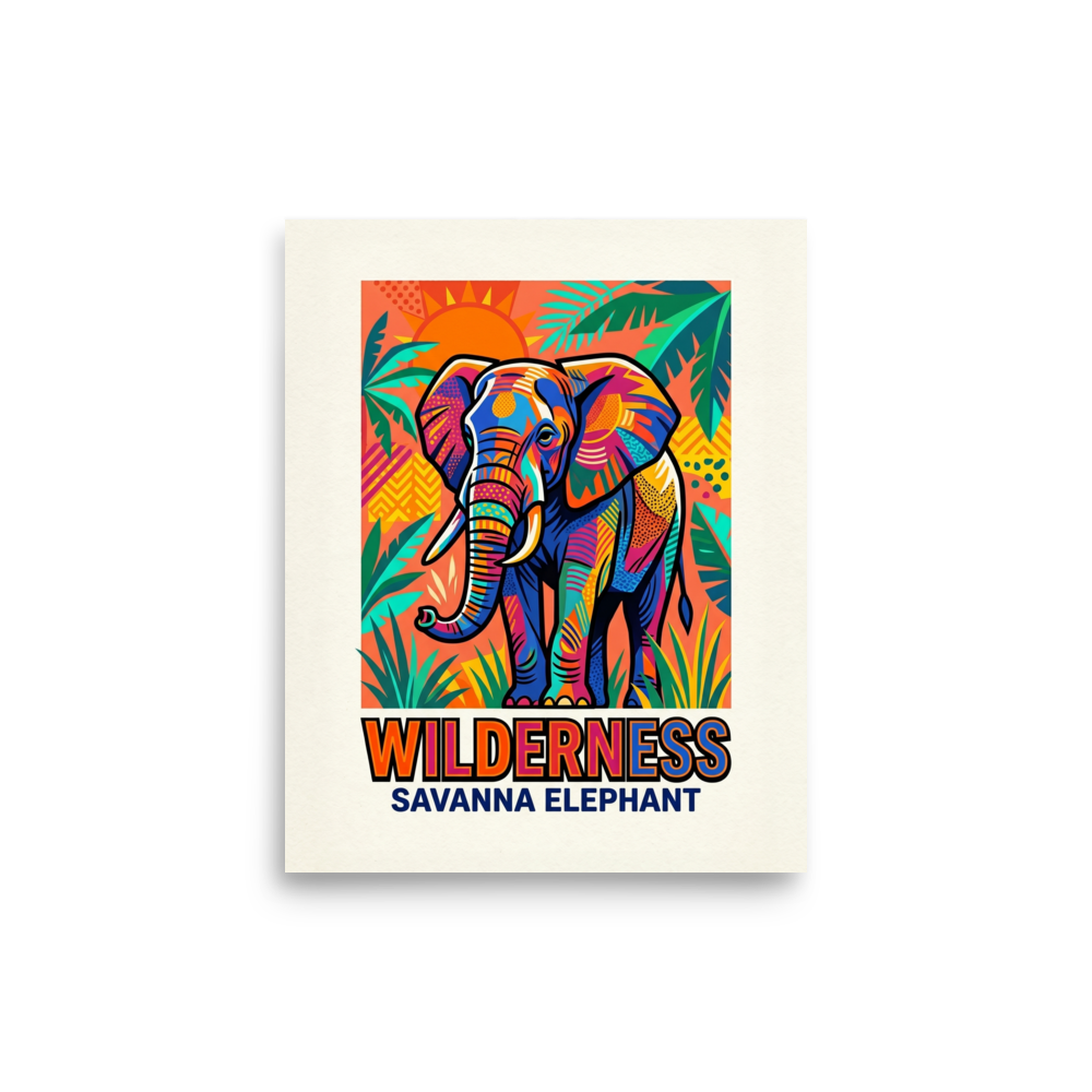 'Savanna Elephant Wilderness' — a Pop art print. A colorful pop art poster of an elephant in a vibrant savanna setting, perfect for bringing energy to a playful living room.