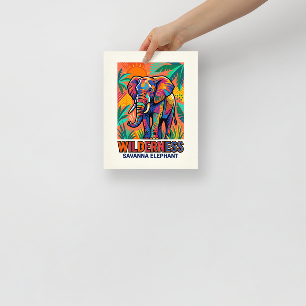 'Savanna Elephant Wilderness' — a Pop art print. A colorful pop art poster of an elephant in a vibrant savanna setting, perfect for bringing energy to a playful living room.