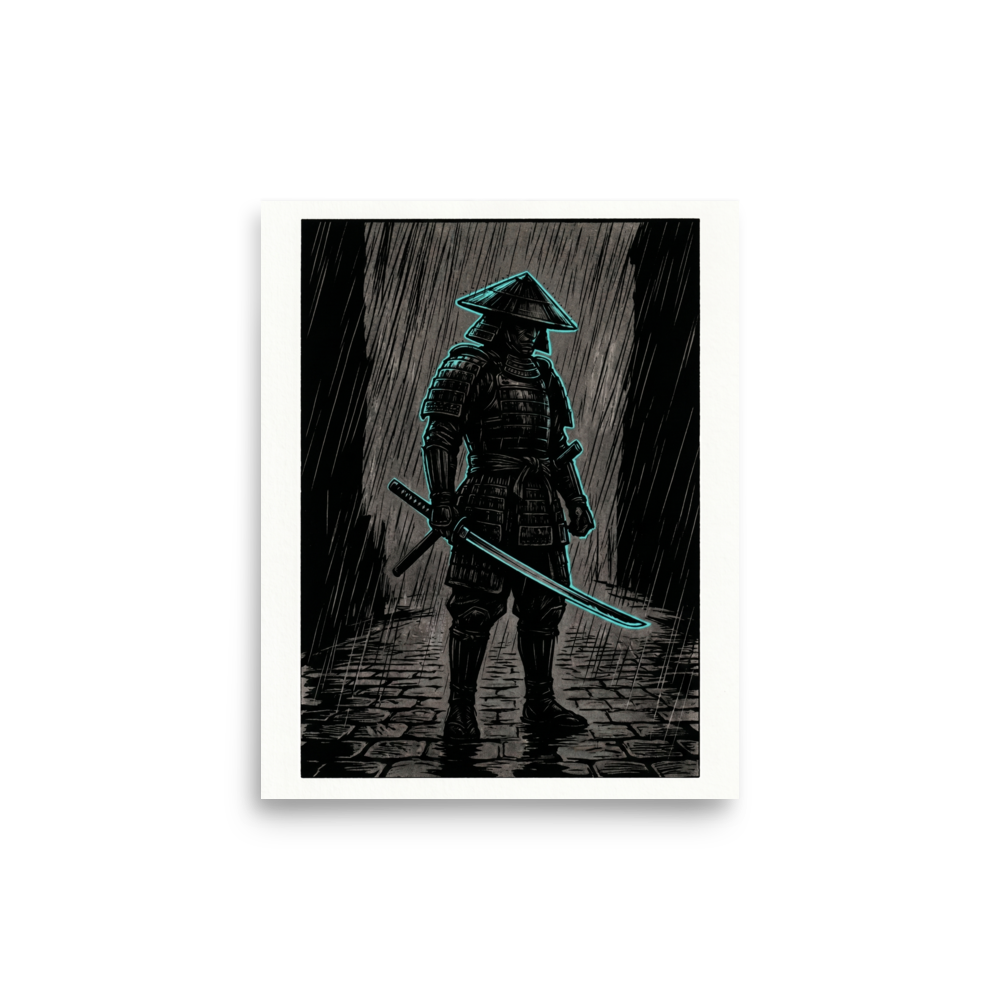 'Cyber Samurai in the Rain' — a Ukiyo-e,Retrofuturism print. Dark ink illustration of a samurai in the rain with a glowing neon cyan outline, perfect for a modern office or man cave.