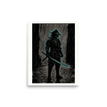 'Cyber Samurai in the Rain' — a Ukiyo-e,Retrofuturism print. Dark ink illustration of a samurai in the rain with a glowing neon cyan outline, perfect for a modern office or man cave.