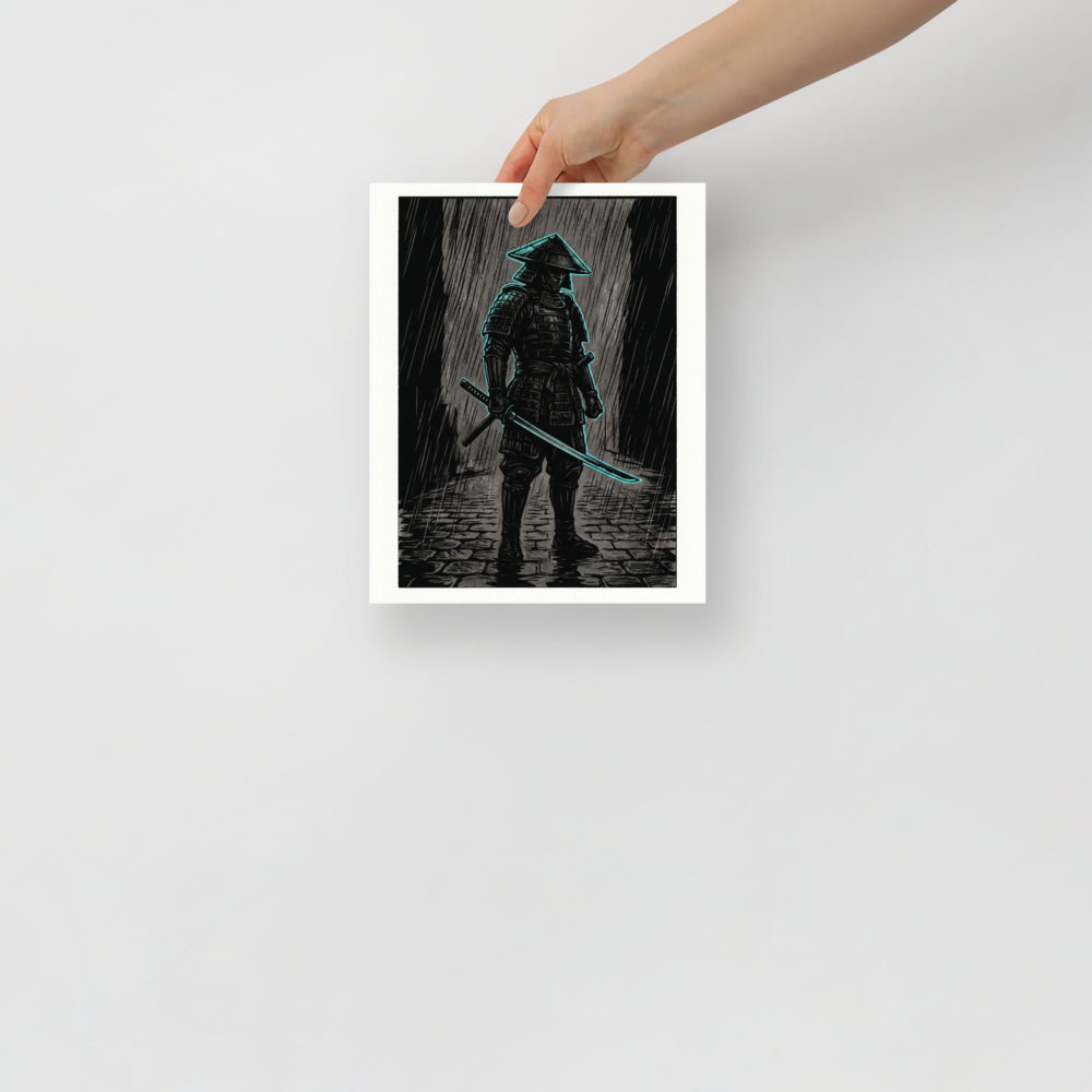 'Cyber Samurai in the Rain' — a Ukiyo-e,Retrofuturism print. Dark ink illustration of a samurai in the rain with a glowing neon cyan outline, perfect for a modern office or man cave.