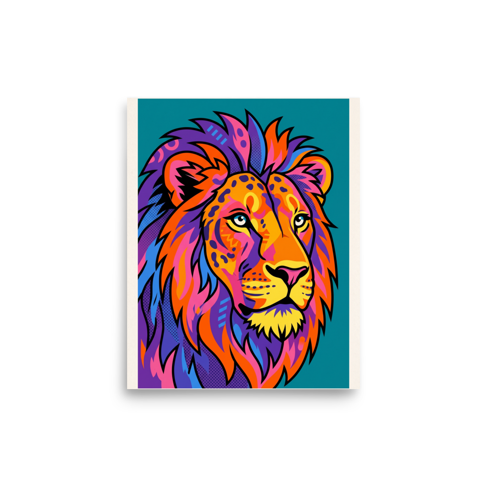 'Neon King' — a Pop art print. A vibrant pop art poster of a majestic lion's head in neon colors like purple, orange, and pink, perfect for a dynamic office or living room.