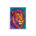 'Neon King' — a Pop art print. A vibrant pop art poster of a majestic lion's head in neon colors like purple, orange, and pink, perfect for a dynamic office or living room.