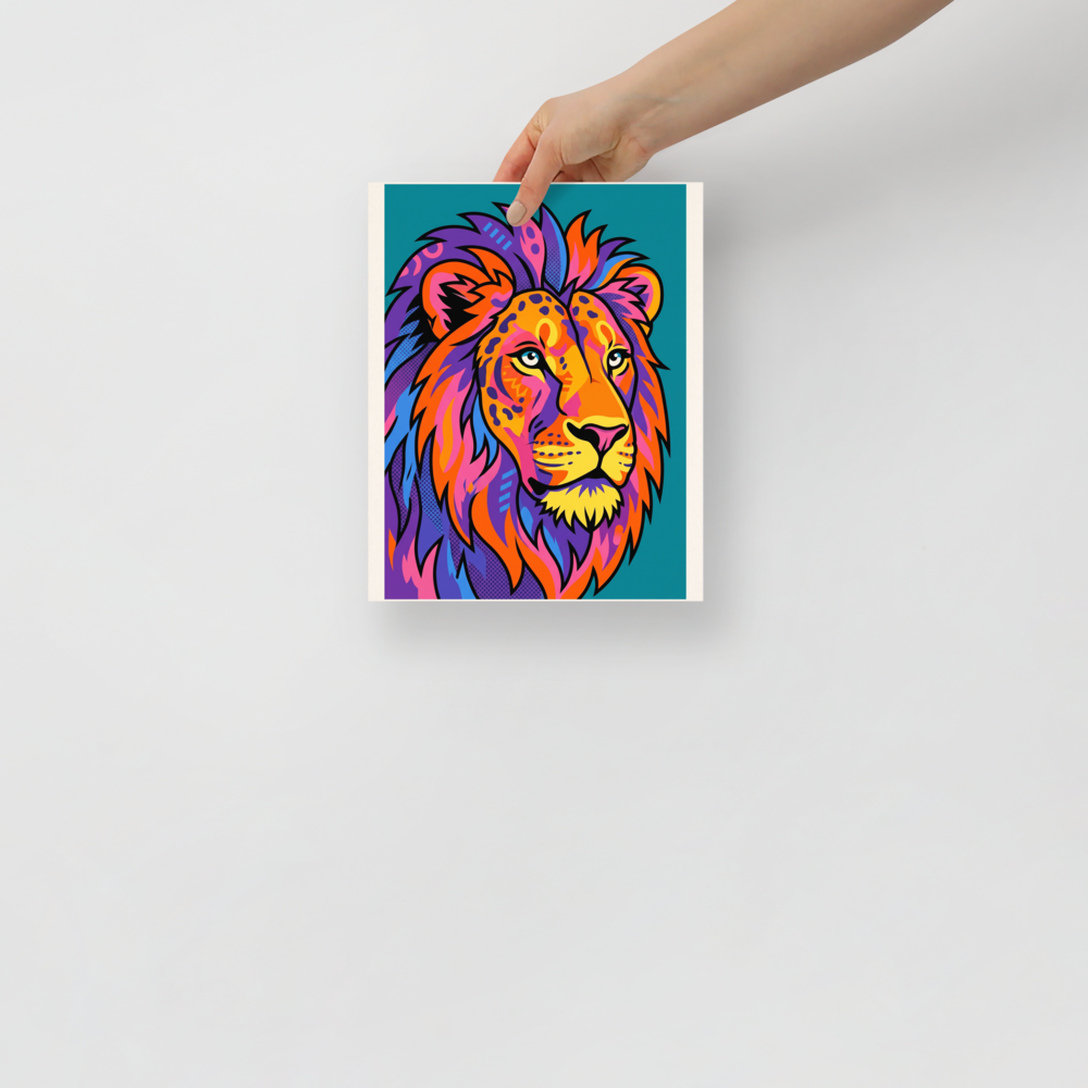 'Neon King' — a Pop art print. A vibrant pop art poster of a majestic lion's head in neon colors like purple, orange, and pink, perfect for a dynamic office or living room.