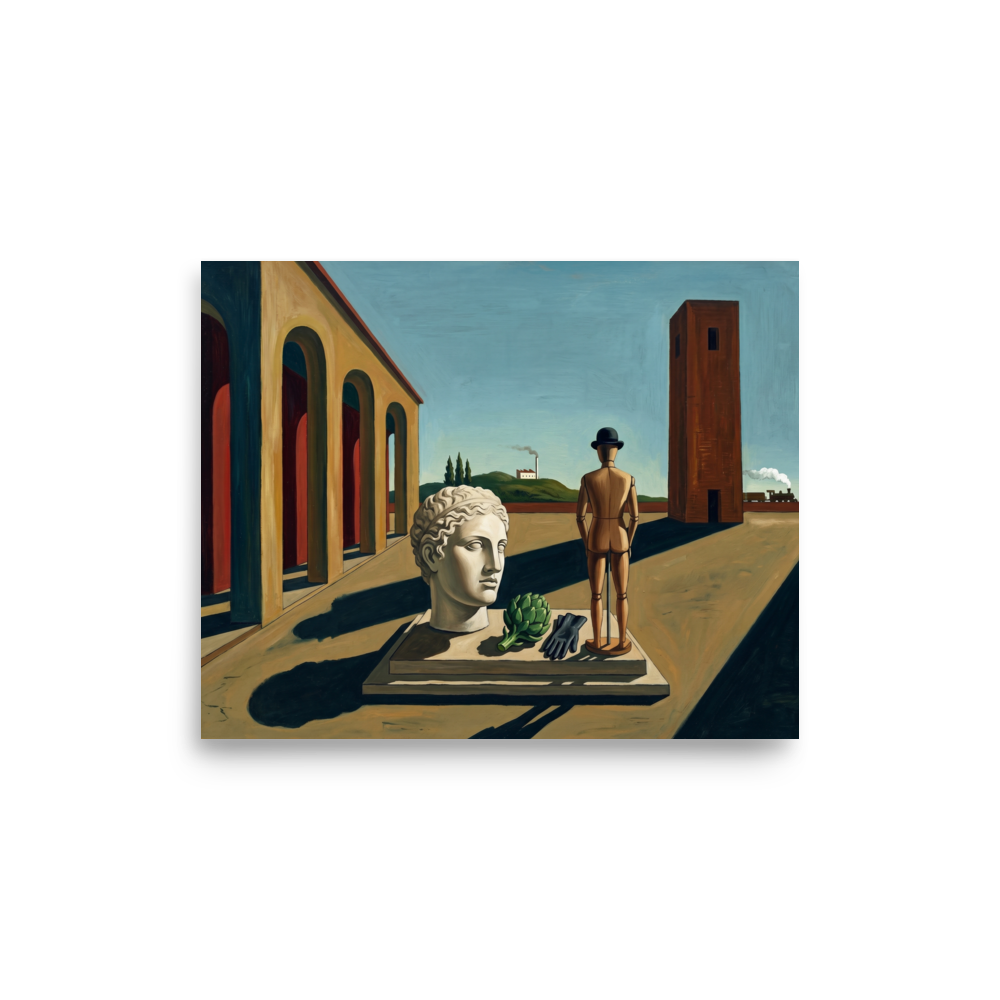'The Enigma of the Industrial Mind' — a Metaphysical painting print. A metaphysical painting featuring a classical head, artichoke, and mannequin in a bowler hat standing in an empty plaza, perfect for an Office.