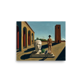 'The Enigma of the Industrial Mind' — a Metaphysical painting print. A metaphysical painting featuring a classical head, artichoke, and mannequin in a bowler hat standing in an empty plaza, perfect for an Office.