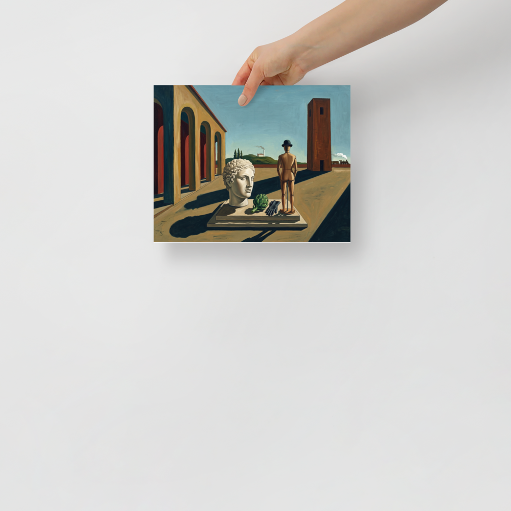 'The Enigma of the Industrial Mind' — a Metaphysical painting print. A metaphysical painting featuring a classical head, artichoke, and mannequin in a bowler hat standing in an empty plaza, perfect for an Office.