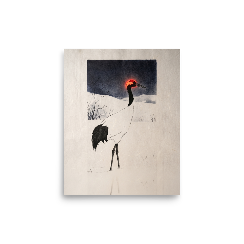 'Winter Crane's Neon Crown' — a Ukiyo-e,Surrealism print. Traditional ink-style painting of a white crane in a winter landscape with its red crown glowing like neon light, perfect for adding a peaceful yet modern touch to a living room.