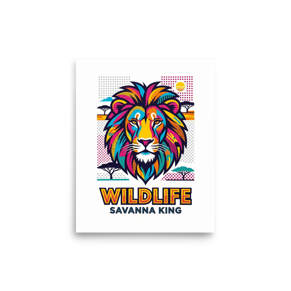 'Savanna King Wildlife' — a Pop art print. A vibrant pop art graphic of a lion's head set against a stylized savanna landscape with the text WILDLIFE SAVANNA KING, perfect for a playful office or game room.