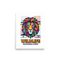 'Savanna King Wildlife' — a Pop art print. A vibrant pop art graphic of a lion's head set against a stylized savanna landscape with the text WILDLIFE SAVANNA KING, perfect for a playful office or game room.