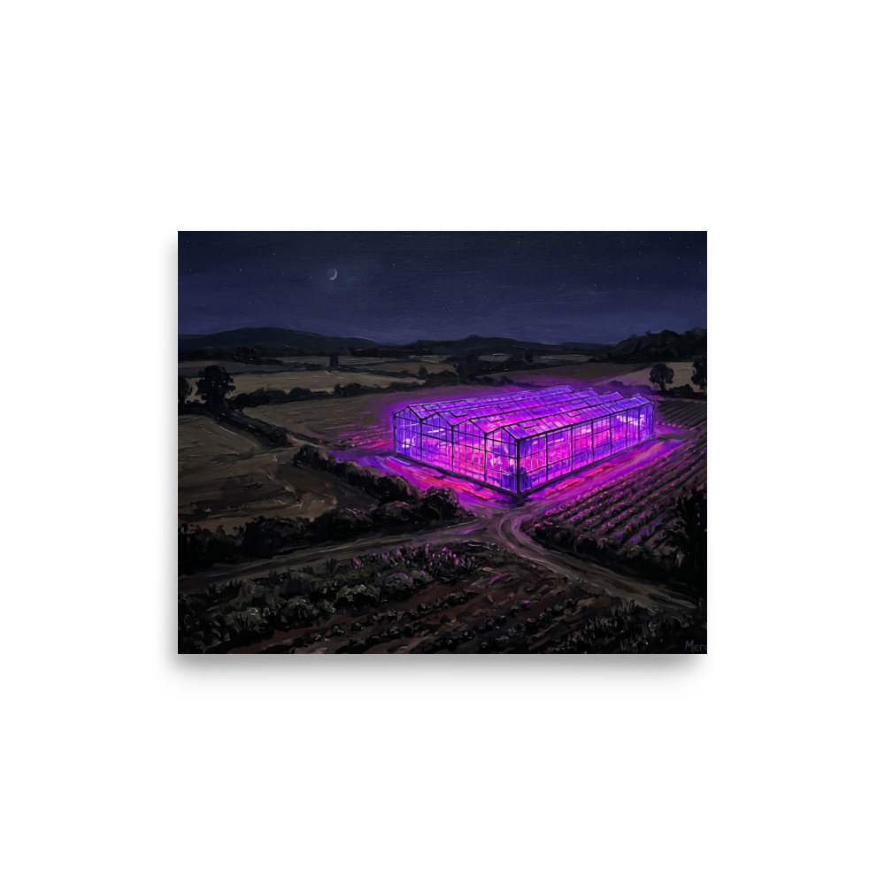 'Midnight Purple Harvest' — a Magic realism,Impressionism print. Oil painting of a dark rural landscape at night, centered on a large greenhouse glowing with bright purple light, ideal for adding a surreal touch to a living room or office.