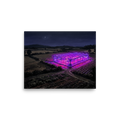 'Midnight Purple Harvest' — a Magic realism,Impressionism print. Oil painting of a dark rural landscape at night, centered on a large greenhouse glowing with bright purple light, ideal for adding a surreal touch to a living room or office.