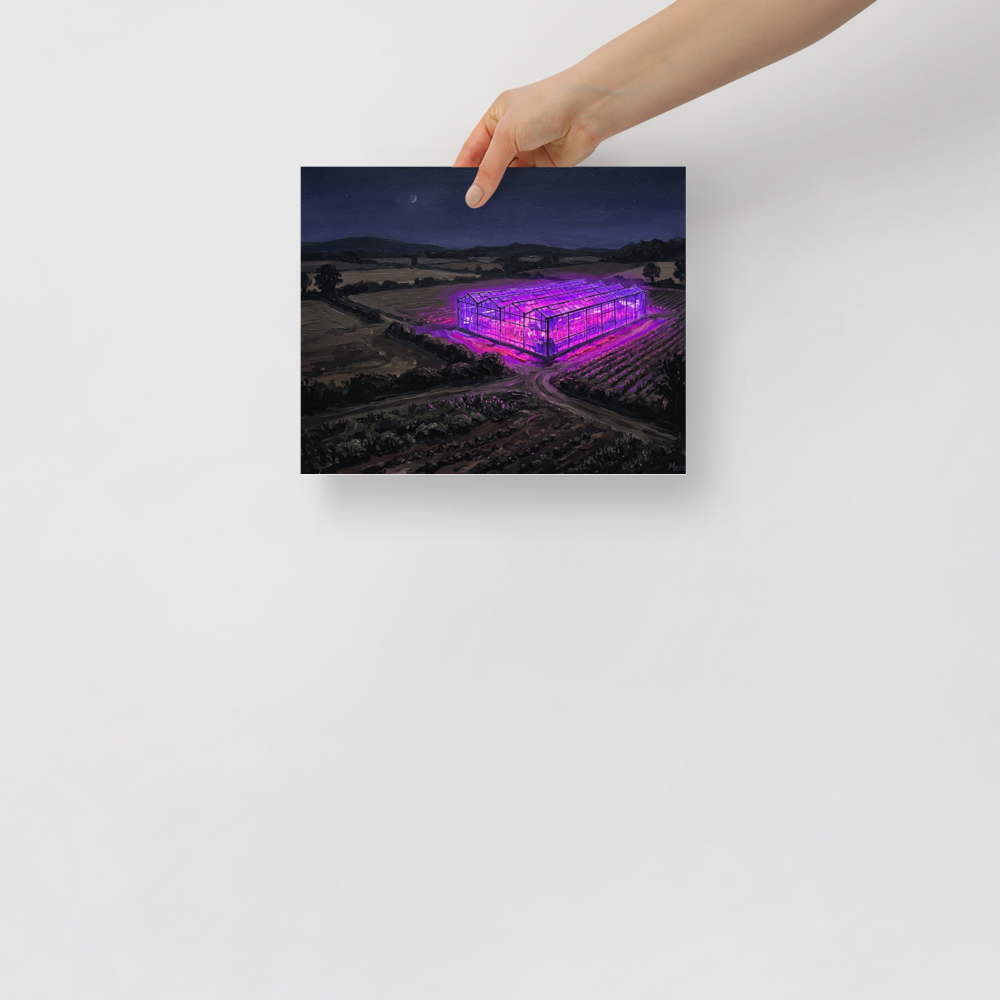 'Midnight Purple Harvest' — a Magic realism,Impressionism print. Oil painting of a dark rural landscape at night, centered on a large greenhouse glowing with bright purple light, ideal for adding a surreal touch to a living room or office.