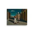 'The Athlete's Illusion' — a Metaphysical painting print. A metaphysical oil painting featuring a mannequin in sports clothing next to a leather ball in an Italian plaza, perfect for a Game Room.