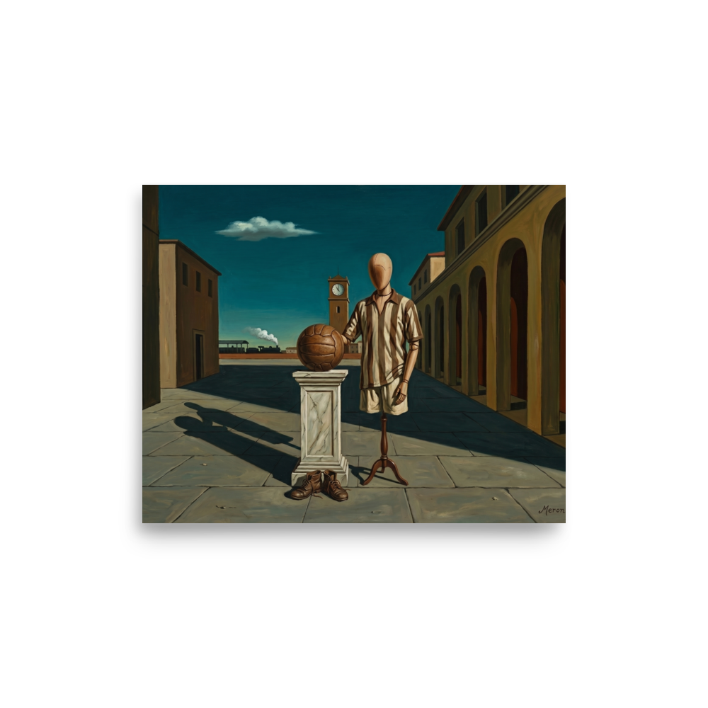 'The Athlete's Illusion' — a Metaphysical painting print. A metaphysical oil painting featuring a mannequin in sports clothing next to a leather ball in an Italian plaza, perfect for a Game Room.