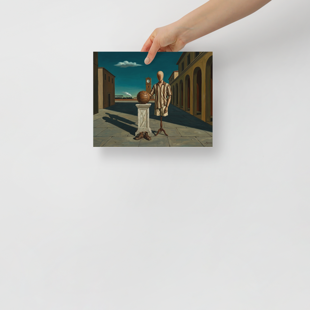 'The Athlete's Illusion' — a Metaphysical painting print. A metaphysical oil painting featuring a mannequin in sports clothing next to a leather ball in an Italian plaza, perfect for a Game Room.