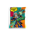 'Mystical Fire Boom' — a Pop art print. A comic-book style pop art poster showing a wizard casting a magical dragon spell with the text MYSTICAL FIRE and BOOM, perfect for a cool game room.