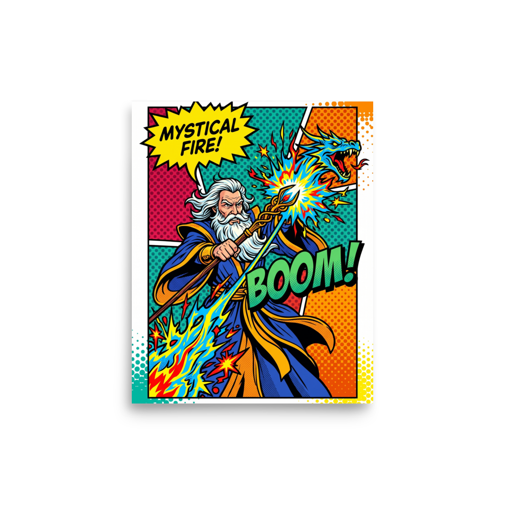 'Mystical Fire Boom' — a Pop art print. A comic-book style pop art poster showing a wizard casting a magical dragon spell with the text MYSTICAL FIRE and BOOM, perfect for a cool game room.