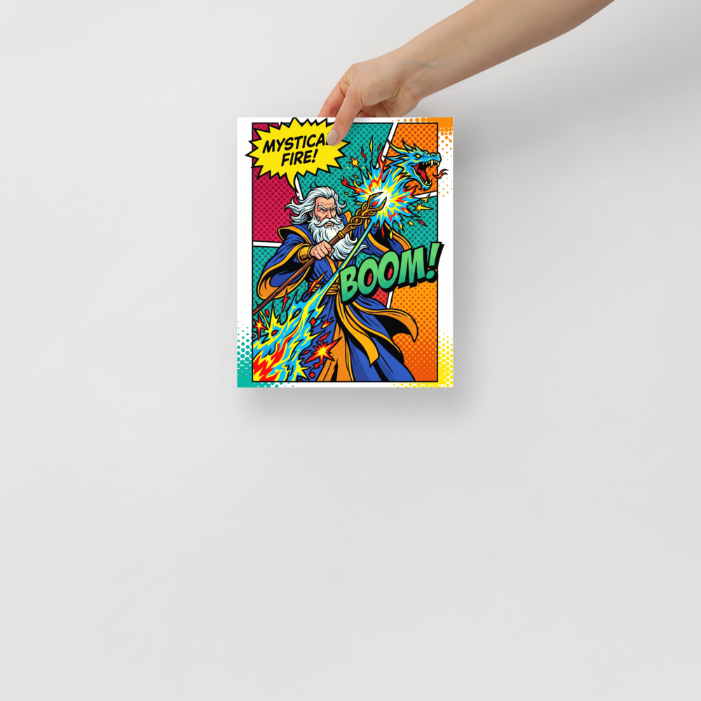 'Mystical Fire Boom' — a Pop art print. A comic-book style pop art poster showing a wizard casting a magical dragon spell with the text MYSTICAL FIRE and BOOM, perfect for a cool game room.