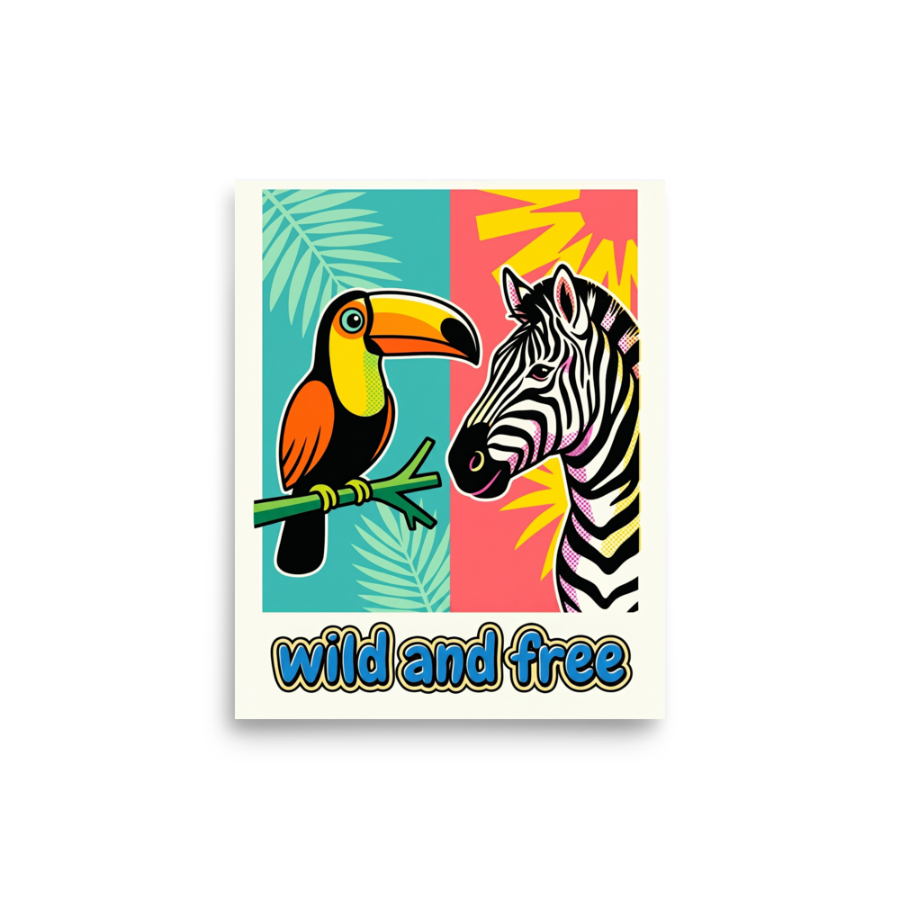 'Wild and Free Toucan Zebra' — a Pop art print. A split background pop art poster featuring a toucan on the left and a zebra on the right with the text wild and free, perfect for a lively nursery or playroom.