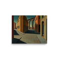 'The Silent Intersection' — a Metaphysical painting print. An oil painting of a completely empty city street with arched buildings and a large bridge in the background, perfect for a Living Room.