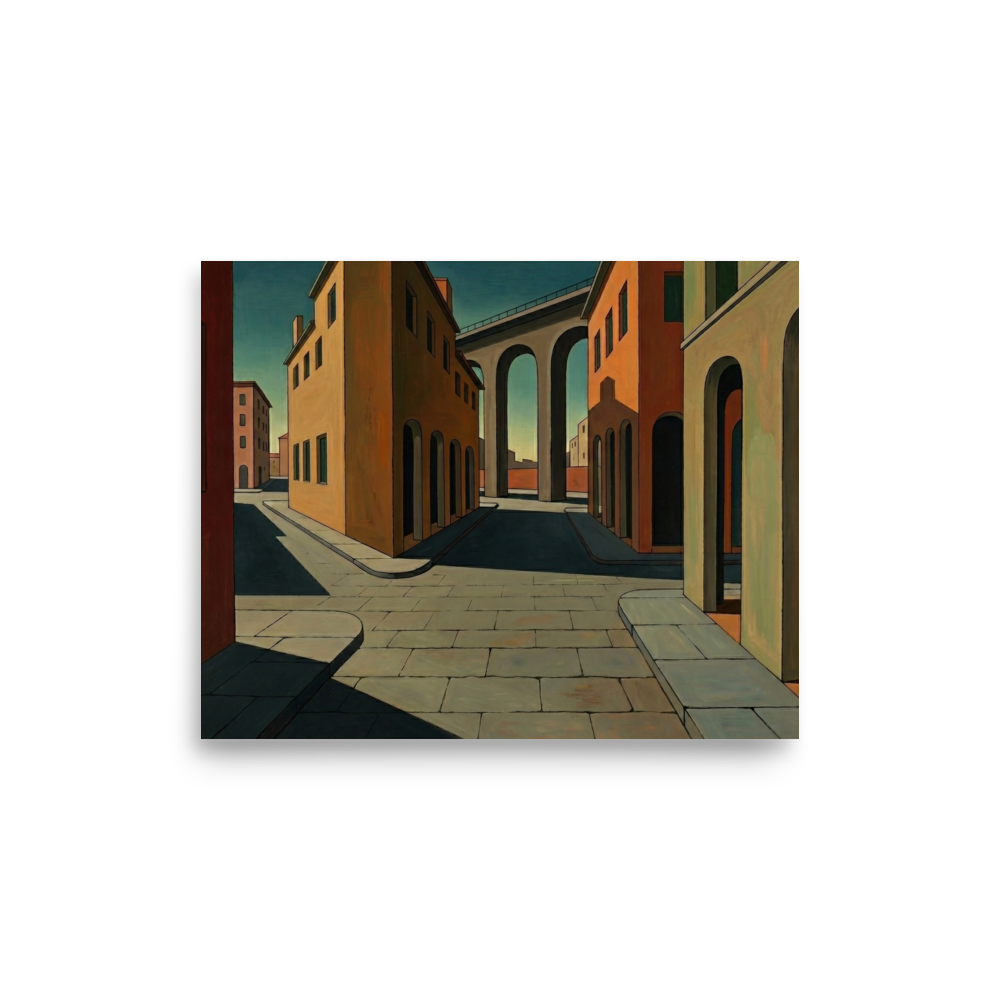 'The Silent Intersection' — a Metaphysical painting print. An oil painting of a completely empty city street with arched buildings and a large bridge in the background, perfect for a Living Room.