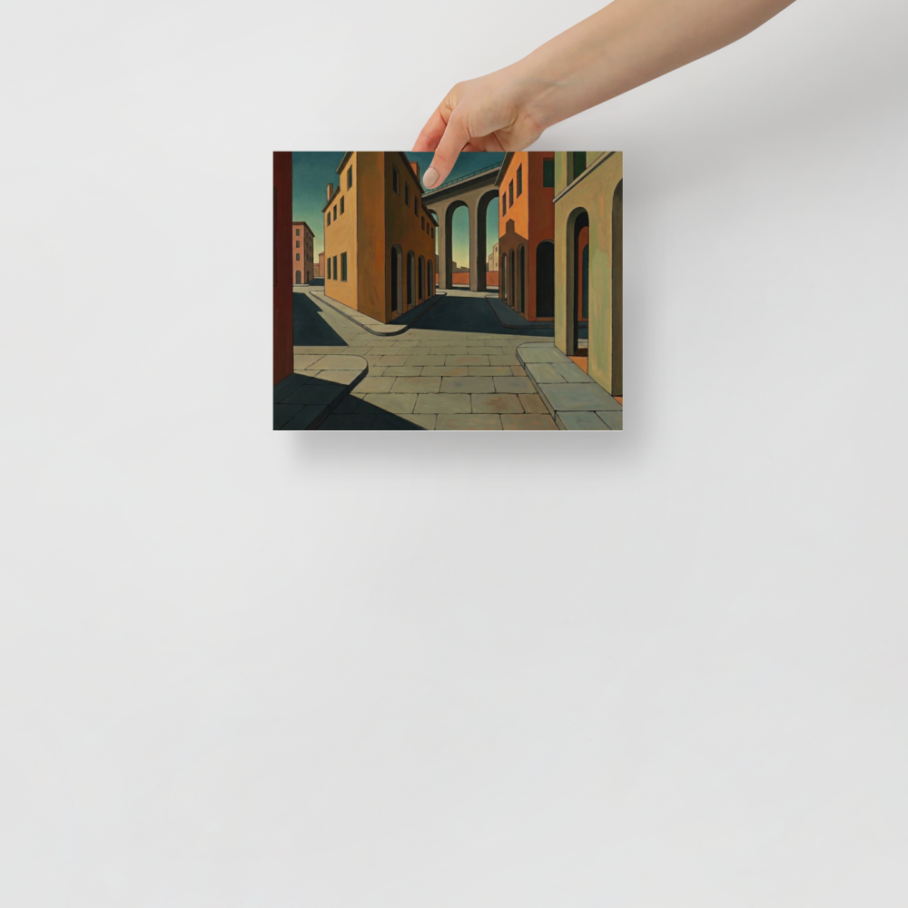 'The Silent Intersection' — a Metaphysical painting print. An oil painting of a completely empty city street with arched buildings and a large bridge in the background, perfect for a Living Room.