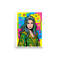 'Elven Queen of Pop' — a Pop art print. A comic-book style pop art poster featuring an elven queen with green hair and a crown against a bright colorful background with stars, perfect for a modern bedroom.